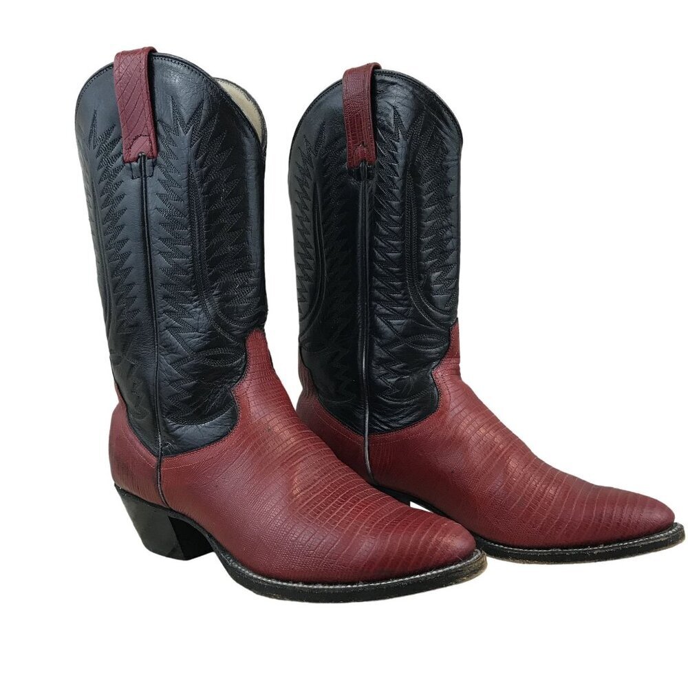 LJ Simone Size 8.5 Red Black Leather Cowboy Boots Point Toe Block Heel Mexico